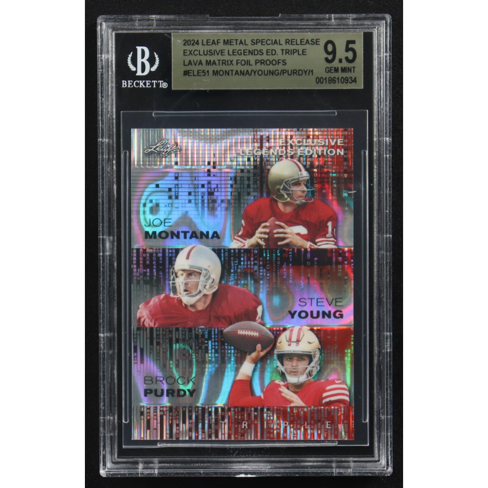 Joe Montana / Steve Young / Brock Purdy 2024 Leaf Metal Special Release Exclusive Legends Ed. Triple Lava Matrix Foil Proofs #ELE51 (BGS 9.5) at PristineAuction.com