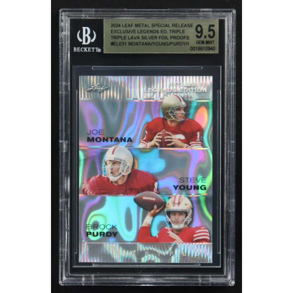 Joe Montana / Steve Young / Brock Purdy 2024 Leaf Metal Special Release Exclusive Legends Ed. Triple Lava Silver Foil Proofs #ELE51 (BGS 9.5) at PristineAuction.com