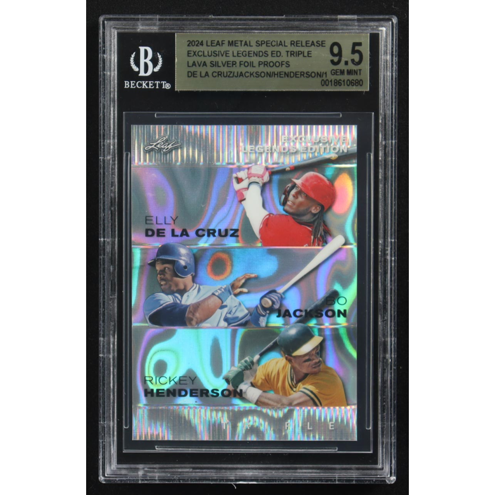 Elly De La Cruz / Bo Jackson / Rickey Henderson 2024 Leaf Metal Special Release Exclusive Legends Ed. Triple Lava Silver Foil Proofs (BGS 9.5) at PristineAuction.com