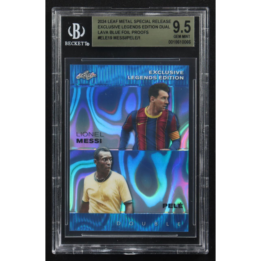 Lionel Messi / Pele 2024 Leaf Metal Special Release Exclusive Legends Ed. Dual Lava Blue Foil Proofs #ELE19 (BGS 9.5) at PristineAuction.com