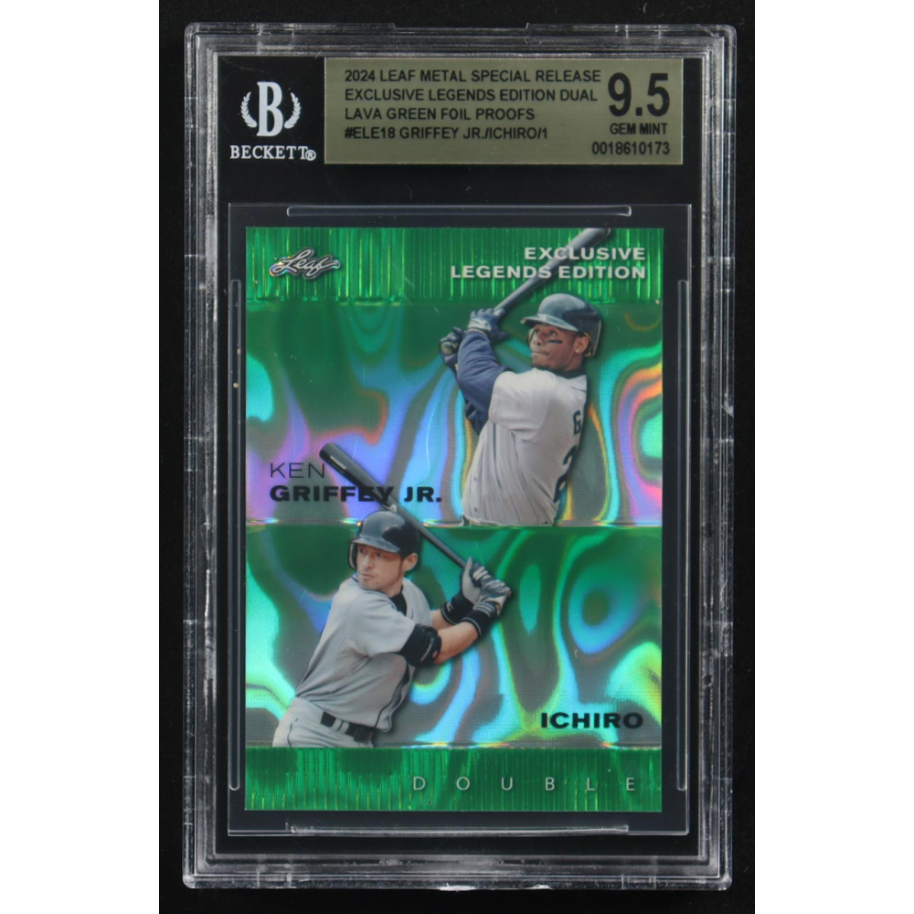 Ken Griffey Jr. / Ichiro Suzuki 2024 Leaf Metal Special Release Exclusive Legends Ed. Dual Lava Green Foil Proofs #ELE18 (BGS 9.5) at PristineAuction.com