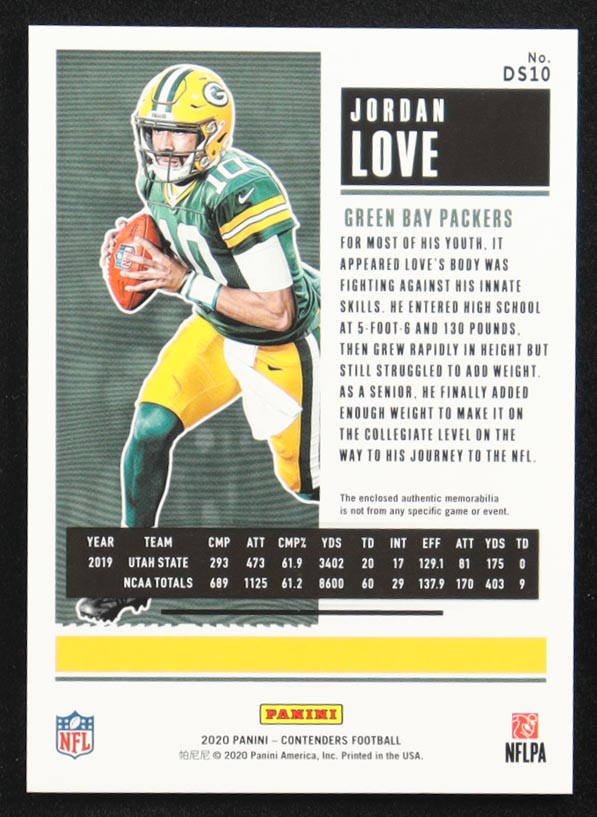 Jordan Love 2020 Panini Contenders Rookie Ticket Dual Swatches #10 RC at PristineAuction.com Jordan Love 2020 Panini Contenders Rookie Ticket Dual Swatches #10 RC at PristineAuction.com