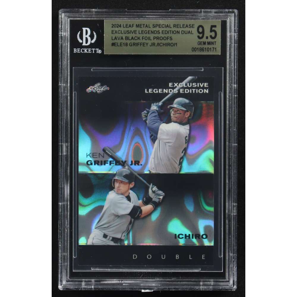 Ken Griffey Jr. / Ichiro Suzuki 2024 Leaf Metal Special Release Exclusive Legends Ed. Dual Lava Black Foil Proofs #ELE18 (BGS 9.5) at PristineAuction.com