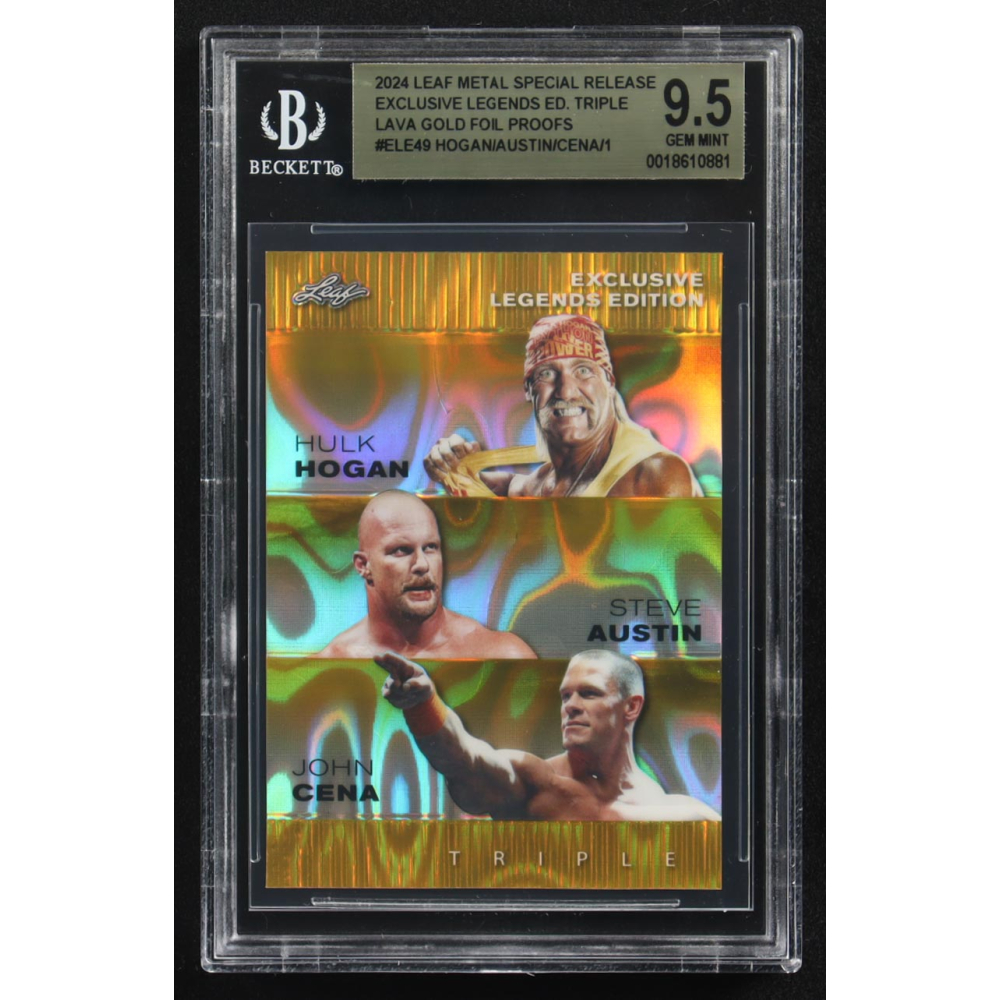 Steve Austin / Hulk Hogan / John Cena 2024 Leaf Metal Special Release Exclusive Legends Ed. Triple Lava Gold Foil Proofs #ELE49 (BGS 9.5) at PristineAuction.com