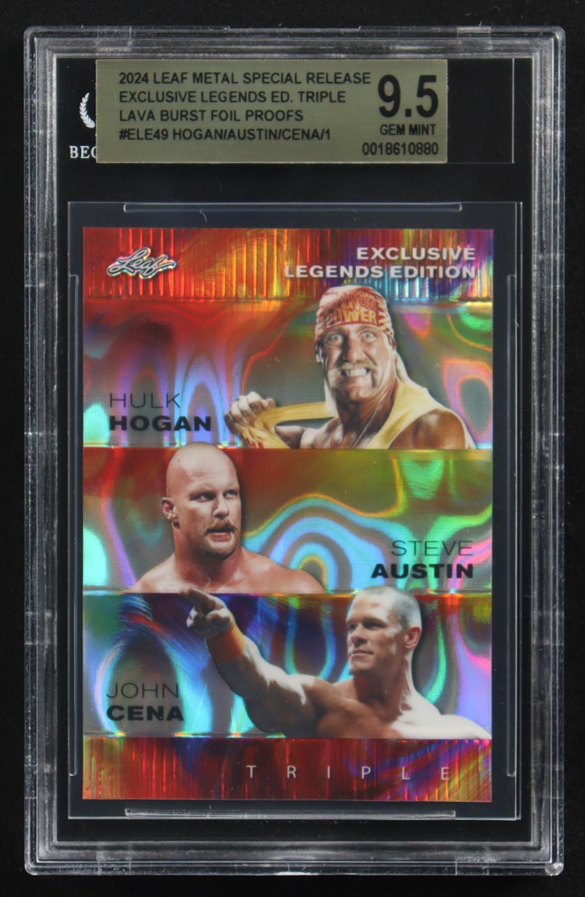 Steve Austin / Hulk Hogan / John Cena 2024 Leaf Metal Special Release Exclusive Legends Ed. Triple Lava Burst Foil Proofs #ELE49 (BGS 9.5) at PristineAuction.com Steve Austin / Hulk Hogan / John Cena 2024 Leaf Metal Special Release Exclusive Legends Ed. Triple Lava Burst Foil Proofs #ELE49 (BGS 9.5) at PristineAuction.com