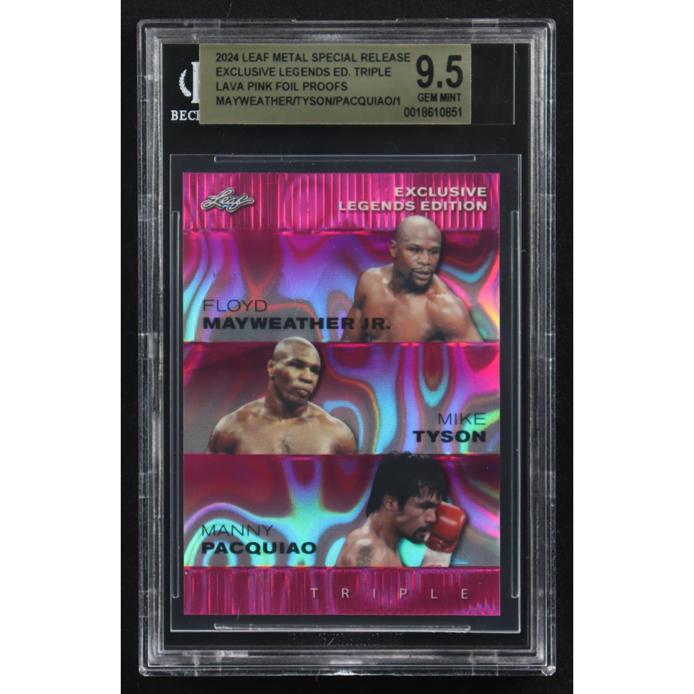 Mike Tyson / Floyd Mayweather Jr. / Manny Pacquiao 2024 Leaf Metal Special Release Exclusive Legends Ed. Triple Lava Pink Foil Proofs (BGS 9.5) at PristineAuction.com