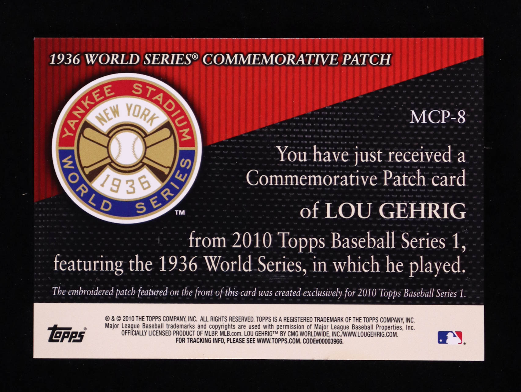 Lou Gehrig 2010 Topps Commemorative Patch #MCP8 at PristineAuction.com Lou Gehrig 2010 Topps Commemorative Patch #MCP8 at PristineAuction.com