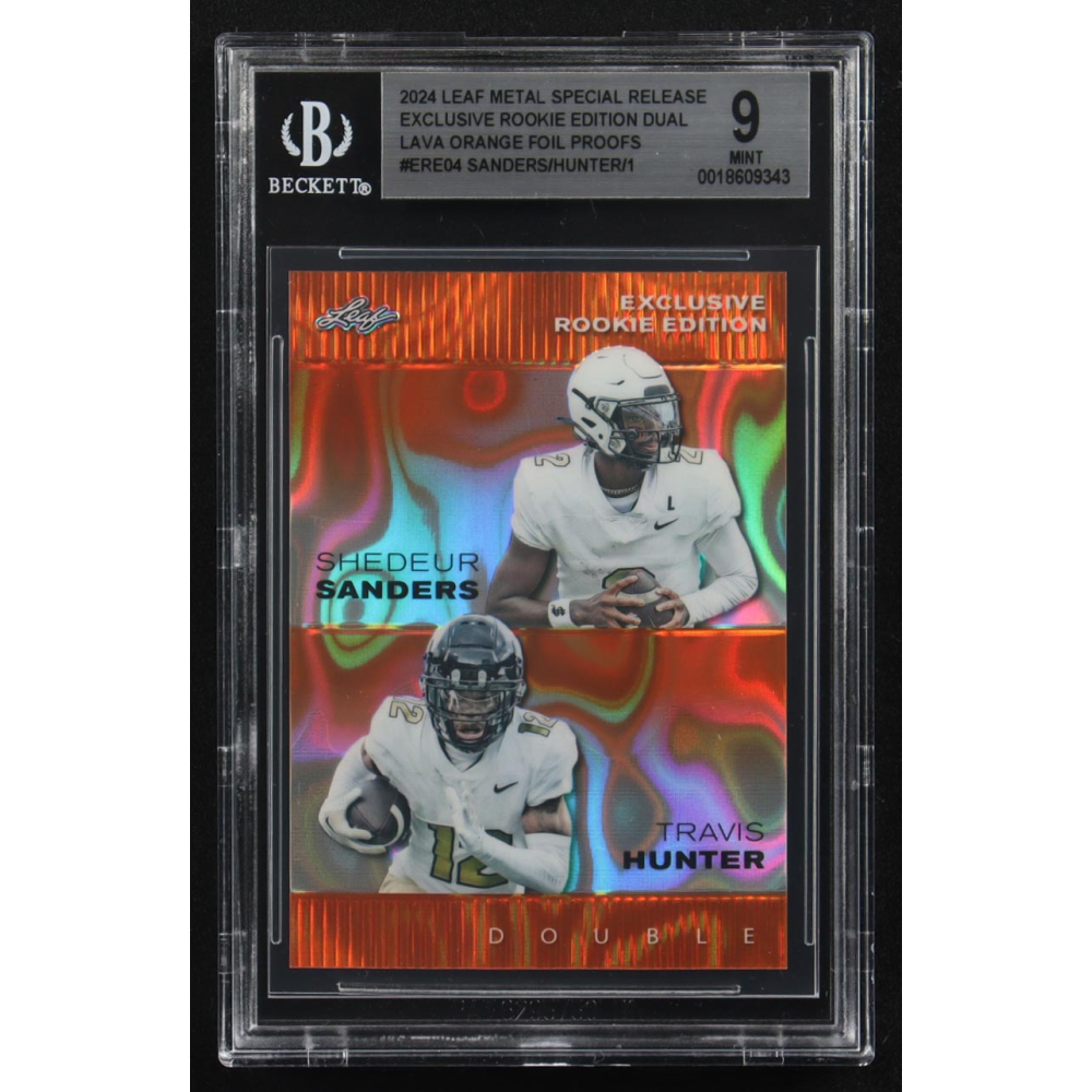 Shedeur Sanders / Travis Hunter 2024 Leaf Metal Special Release Exclusive Rookie Ed. Dual Lava Orange Foil Proofs #ERE04 RC (BGS 9) at PristineAuction.com