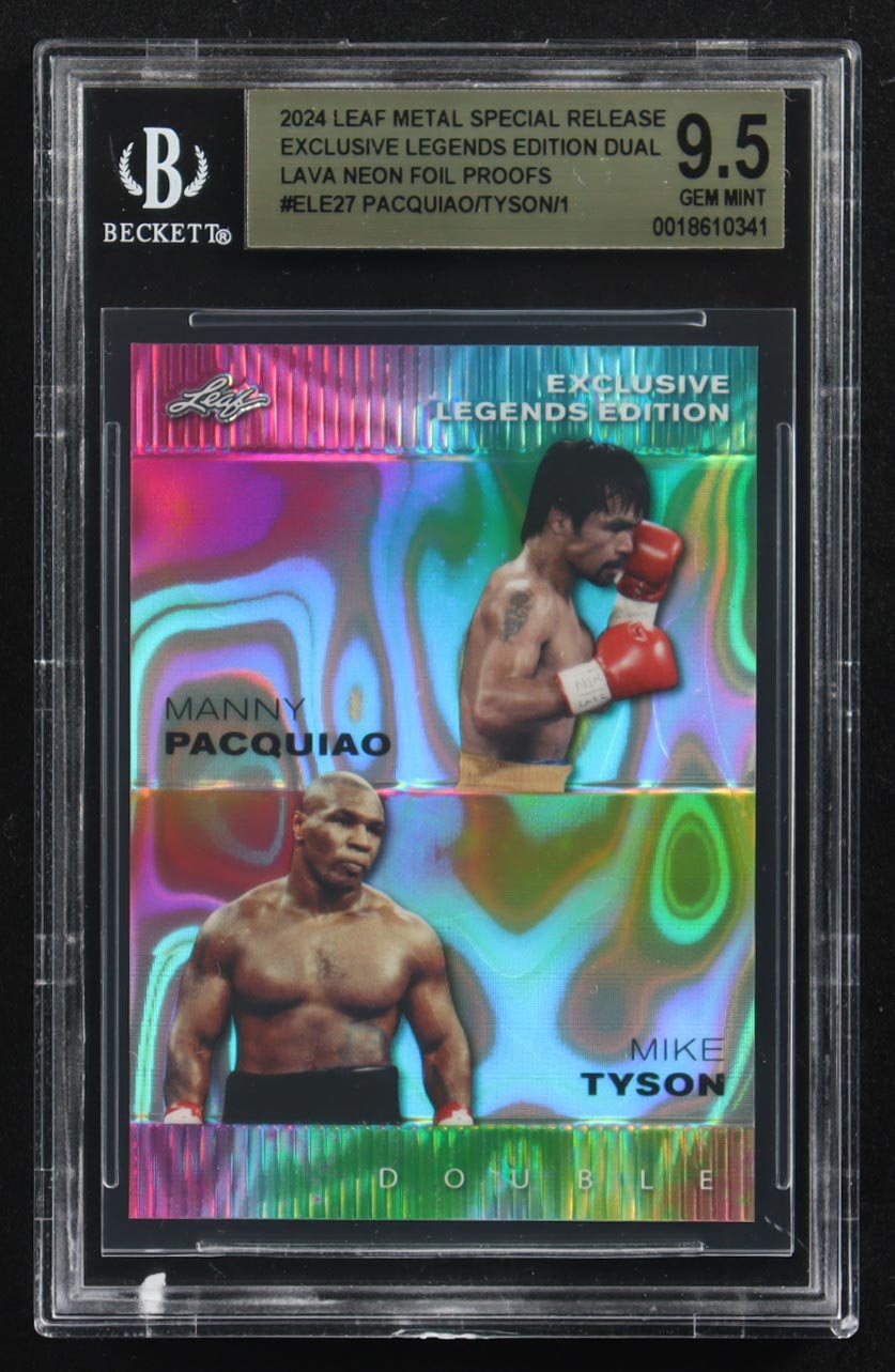 Mike Tyson / Manny Pacquiao 2024 Leaf Metal Special Release Exclusive Legends Ed. Dual Lava Neon Foil Proofs #ELE27 (BGS 9.5) at PristineAuction.com Mike Tyson / Manny Pacquiao 2024 Leaf Metal Special Release Exclusive Legends Ed. Dual Lava Neon Foil Proofs #ELE27 (BGS 9.5) at PristineAuction.com