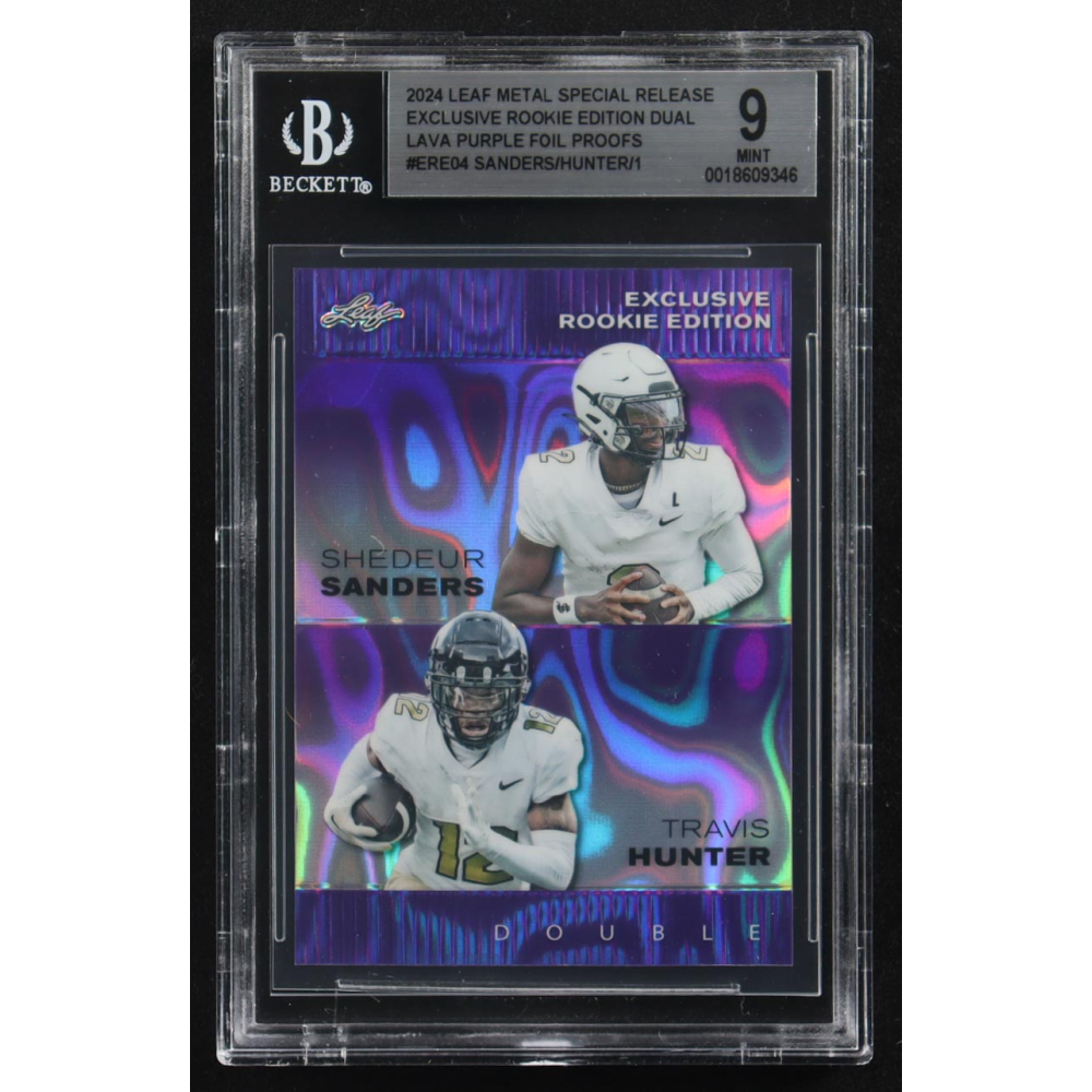 Shedeur Sanders / Travis Hunter 2024 Leaf Metal Special Release Exclusive Rookie Ed. Dual Lava Purple Foil Proofs #ERE04 RC (BGS 9) at PristineAuction.com
