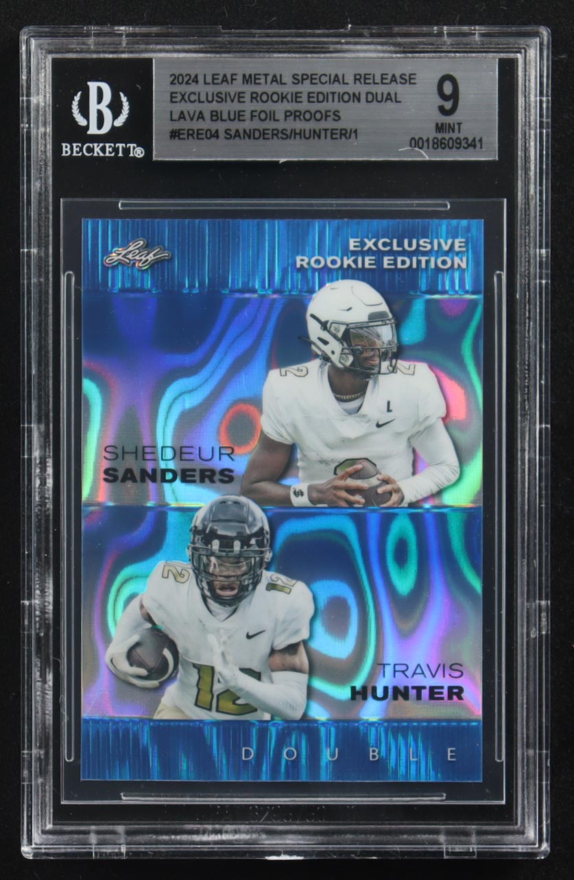 Shedeur Sanders / Travis Hunter 2024 Leaf Metal Special Release Exclusive Rookie Ed. Dual Lava Blue Foil Proofs #ERE04 RC (BGS 9) at PristineAuction.com Shedeur Sanders / Travis Hunter 2024 Leaf Metal Special Release Exclusive Rookie Ed. Dual Lava Blue Foil Proofs #ERE04 RC (BGS 9) at PristineAuction.com
