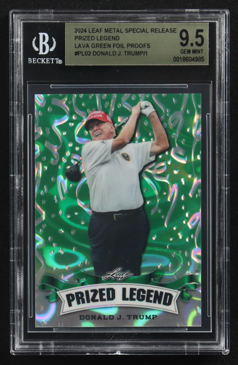 Donald J. Trump 2024 Leaf Metal Special Release Prized Legend Lava Green Foil Proofs #PL-02 (BGS 9.5) at PristineAuction.com Donald J. Trump 2024 Leaf Metal Special Release Prized Legend Lava Green Foil Proofs #PL-02 (BGS 9.5) at PristineAuction.com