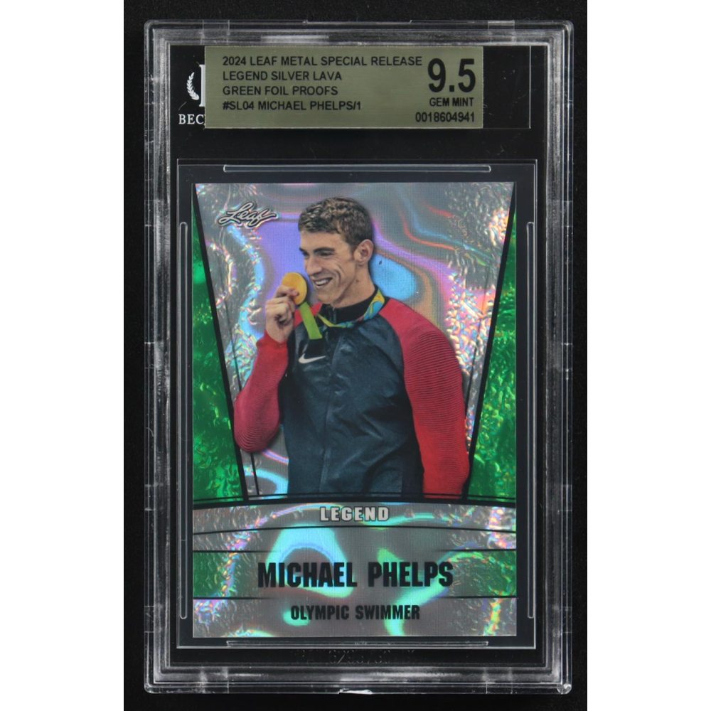 Michael Phelps 2024 Leaf Metal Special Release Legend Silver Lava Green Foil Proofs #SL04 (BGS 9.5) at PristineAuction.com