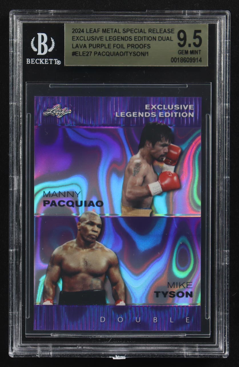 Mike Tyson / Manny Pacquiao 2024 Leaf Metal Special Release Exclusive Legends Ed. Dual Lava Purple Foil Proofs #ELE27 (BGS 9.5) at PristineAuction.com Mike Tyson / Manny Pacquiao 2024 Leaf Metal Special Release Exclusive Legends Ed. Dual Lava Purple Foil Proofs #ELE27 (BGS 9.5) at PristineAuction.com