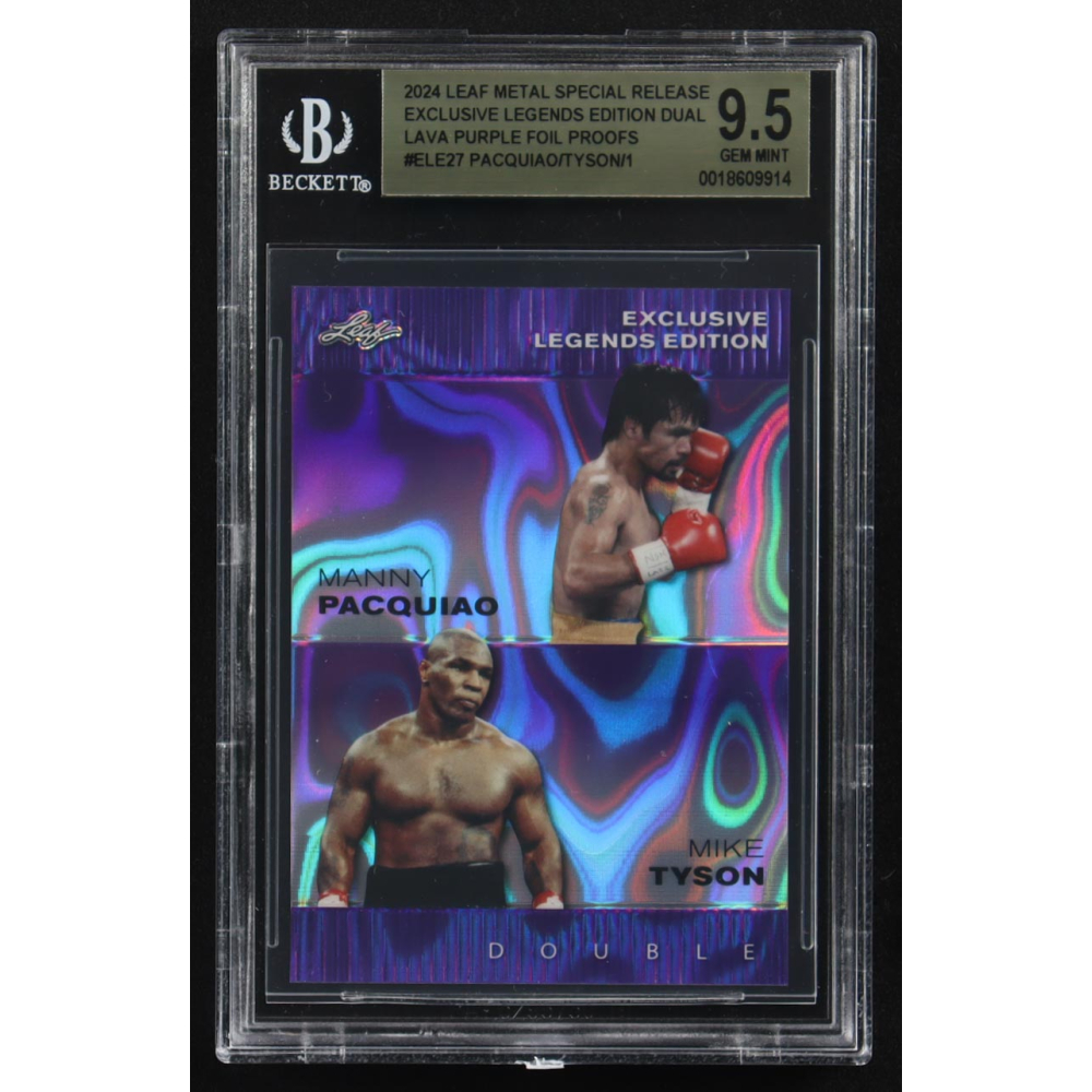 Mike Tyson / Manny Pacquiao 2024 Leaf Metal Special Release Exclusive Legends Ed. Dual Lava Purple Foil Proofs #ELE27 (BGS 9.5) at PristineAuction.com