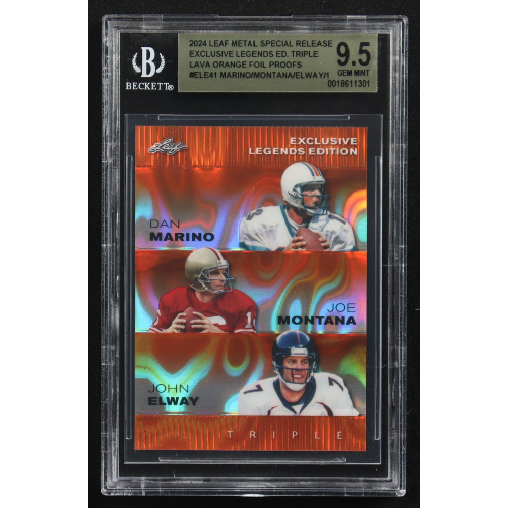 Dan Marino / Joe Montana / John Elway 2024 Leaf Metal Special Release Exclusive Legends Ed. Triple Lava Orange Foil Proofs #ELE41 (BGS 9.5) at PristineAuction.com