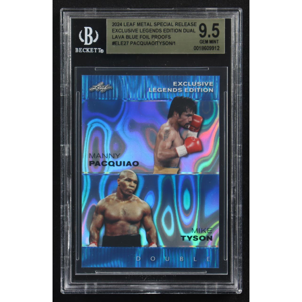 Mike Tyson / Manny Pacquiao 2024 Leaf Metal Special Release Exclusive Legends Ed. Dual Lava Blue Foil Proofs #ELE27 (BGS 9.5) at PristineAuction.com