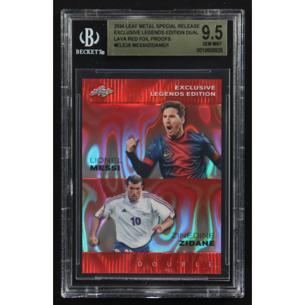 Lionel Messi / Zinedine Zidane 2024 Leaf Metal Special Release Exclusive Legends Ed. Dual Lava Red Foil Proofs #ELE26 (BGS 9.5) at PristineAuction.com