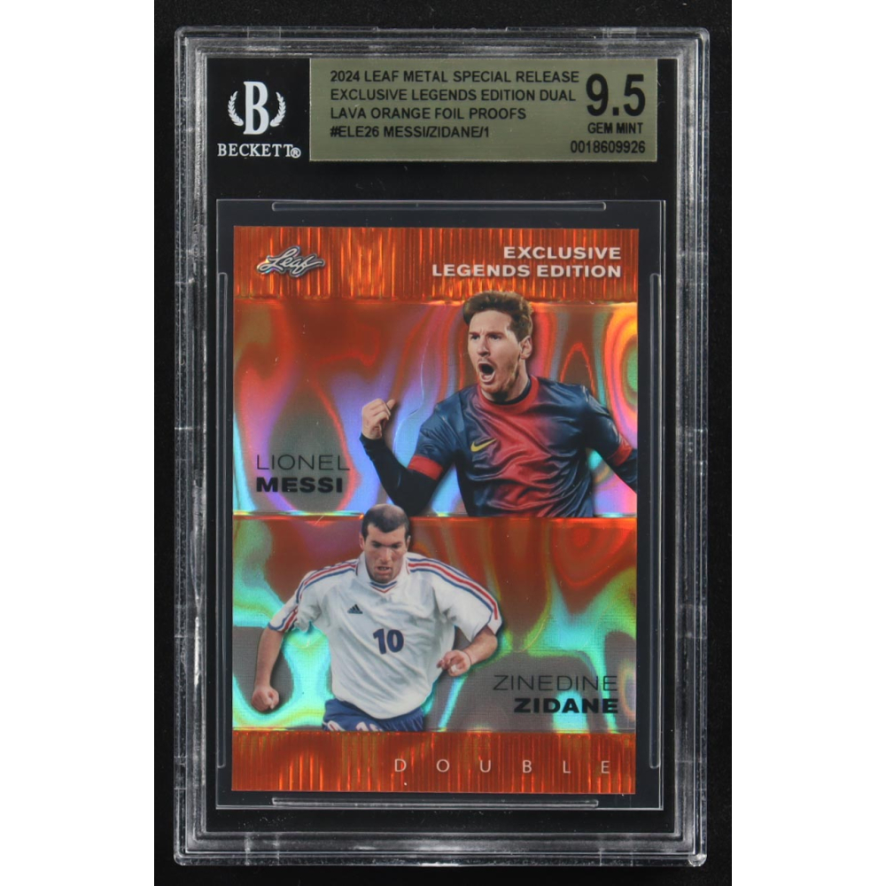 Lionel Messi / Zinedine Zidane 2024 Leaf Metal Special Release Exclusive Legends Ed. Dual Lava Orange Foil Proofs #ELE26 (BGS 9.5) at PristineAuction.com