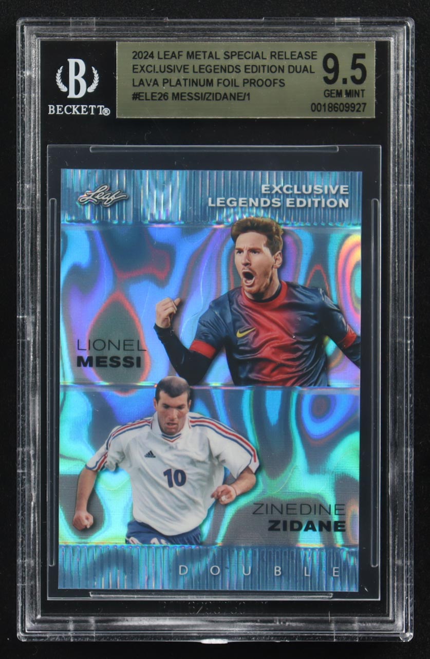 Lionel Messi / Zinedine Zidane 2024 Leaf Metal Special Release Exclusive Legends Ed. Dual Lava Platinum Foil Proofs #ELE26 (BGS 9.5) at PristineAuction.com Lionel Messi / Zinedine Zidane 2024 Leaf Metal Special Release Exclusive Legends Ed. Dual Lava Platinum Foil Proofs #ELE26 (BGS 9.5) at PristineAuction.com
