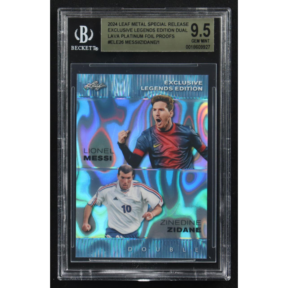 Lionel Messi / Zinedine Zidane 2024 Leaf Metal Special Release Exclusive Legends Ed. Dual Lava Platinum Foil Proofs #ELE26 (BGS 9.5) at PristineAuction.com
