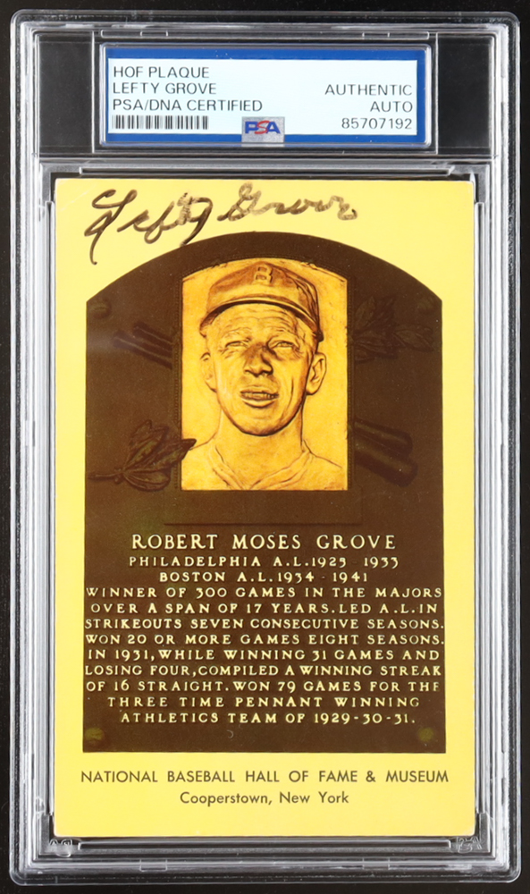 Robert "Lefty" Grove Signed Hall of Fame Plaque Postcard (PSA) at PristineAuction.com Robert "Lefty" Grove Signed Hall of Fame Plaque Postcard (PSA) at PristineAuction.com