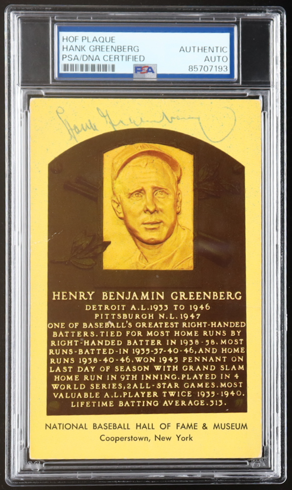 Hank Greenberg Signed Hall of Fame Plaque Postcard (PSA) at PristineAuction.com Hank Greenberg Signed Hall of Fame Plaque Postcard (PSA) at PristineAuction.com