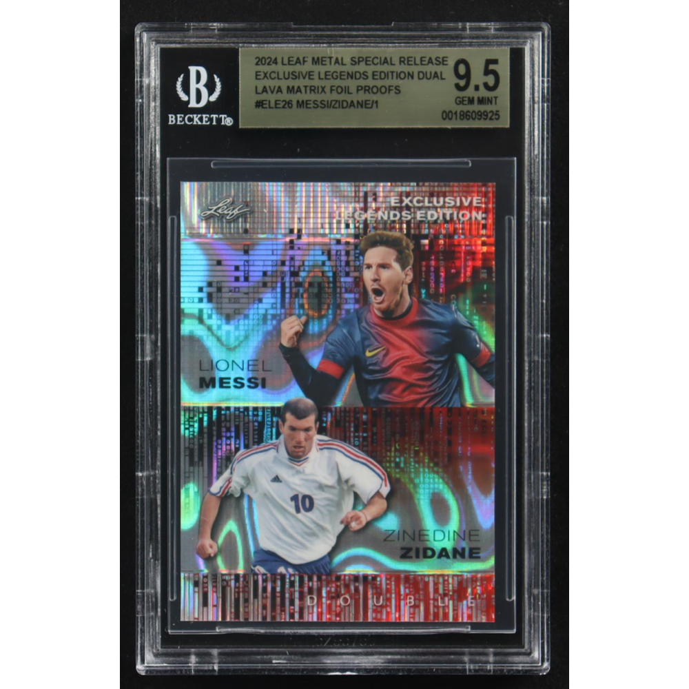 Lionel Messi / Zinedine Zidane 2024 Leaf Metal Special Release Exclusive Legends Ed. Dual Lava Matrix Foil Proofs #ELE26 (BGS 9.5) at PristineAuction.com