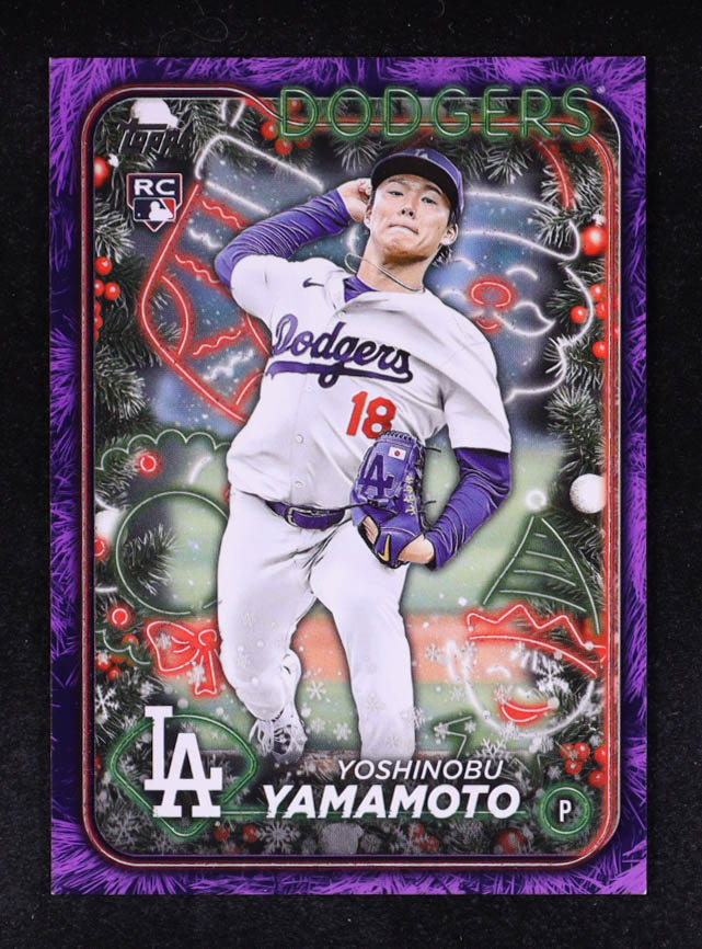 Yoshinobu Yamamoto 2024 Topps Holiday Metallic Purple Tree #H88 RC #25/99 at PristineAuction.com Yoshinobu Yamamoto 2024 Topps Holiday Metallic Purple Tree #H88 RC #25/99 at PristineAuction.com