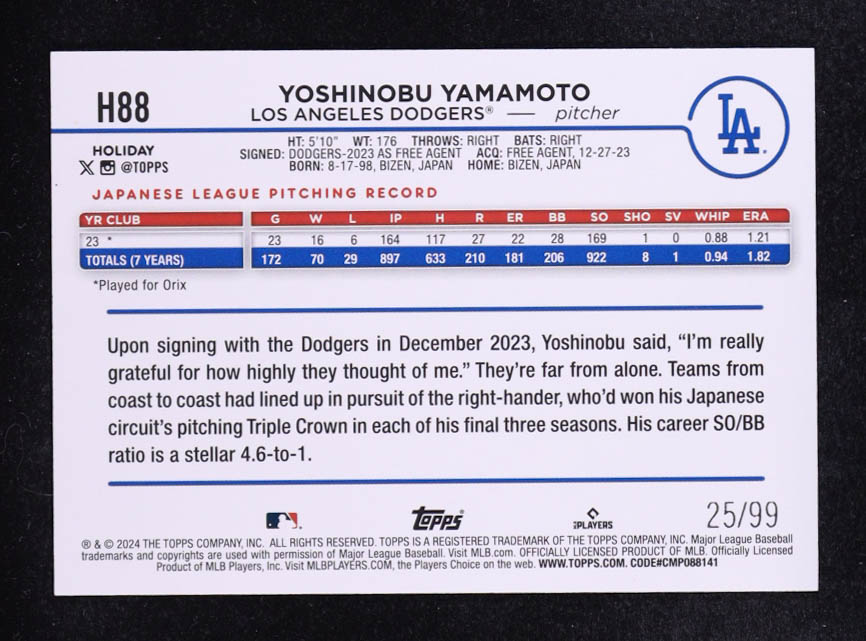 Yoshinobu Yamamoto 2024 Topps Holiday Metallic Purple Tree #H88 RC #25/99 at PristineAuction.com Yoshinobu Yamamoto 2024 Topps Holiday Metallic Purple Tree #H88 RC #25/99 at PristineAuction.com