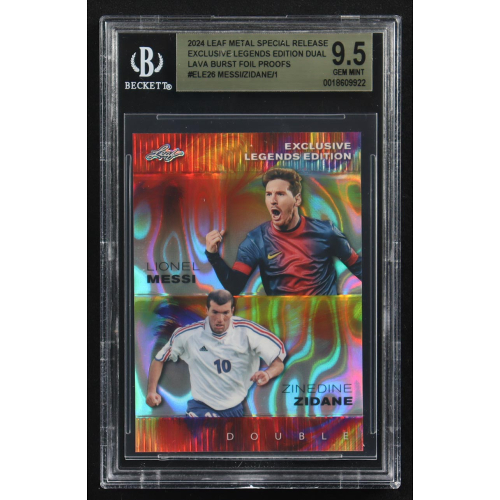 Lionel Messi / Zinedine Zidane 2024 Leaf Metal Special Release Exclusive Legends Ed. Dual Lava Burst Foil Proofs #ELE26 (BGS 9.5) at PristineAuction.com