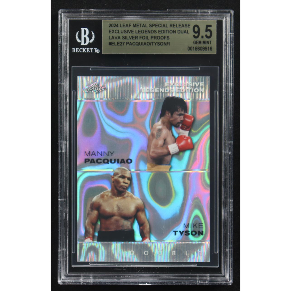 Mike Tyson / Manny Pacquiao 2024 Leaf Metal Special Release Exclusive Legends Ed. Dual Lava Silver Foil Proofs #ELE27 (BGS 9.5) at PristineAuction.com