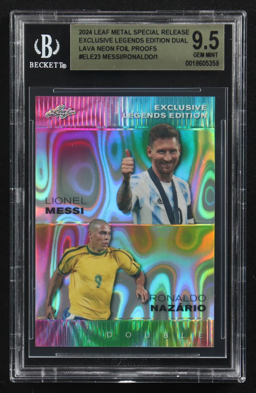 Lionel Messi / Ronaldo Nazario 2024 Leaf Metal Special Release Exclusive Legends Ed. Dual Lava Neon Foil Proofs #ELE23 (BGS 9.5) at PristineAuction.com Lionel Messi / Ronaldo Nazario 2024 Leaf Metal Special Release Exclusive Legends Ed. Dual Lava Neon Foil Proofs #ELE23 (BGS 9.5) at PristineAuction.com