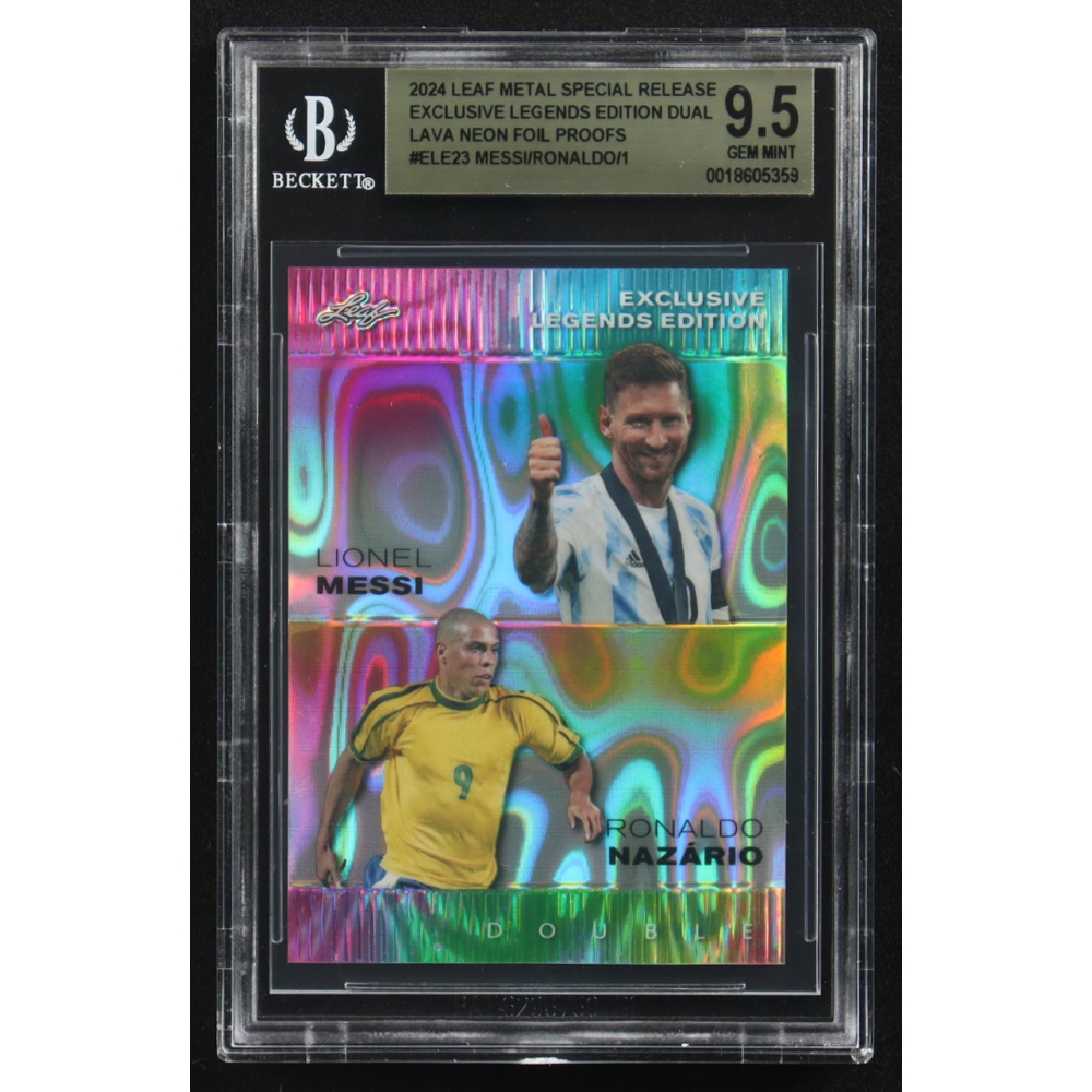 Lionel Messi / Ronaldo Nazario 2024 Leaf Metal Special Release Exclusive Legends Ed. Dual Lava Neon Foil Proofs #ELE23 (BGS 9.5) at PristineAuction.com