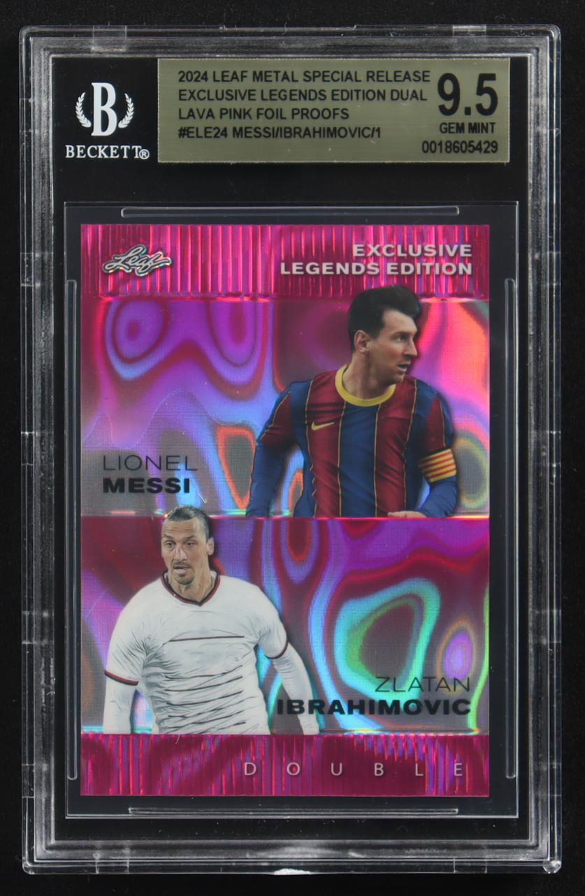 Lionel Messi / Zlatan Ibrahimovic 2024 Leaf Metal Special Release Exclusive Legends Ed. Dual Lava Pink Foil Proofs #ELE24 (BGS 9.5) at PristineAuction.com Lionel Messi / Zlatan Ibrahimovic 2024 Leaf Metal Special Release Exclusive Legends Ed. Dual Lava Pink Foil Proofs #ELE24 (BGS 9.5) at PristineAuction.com