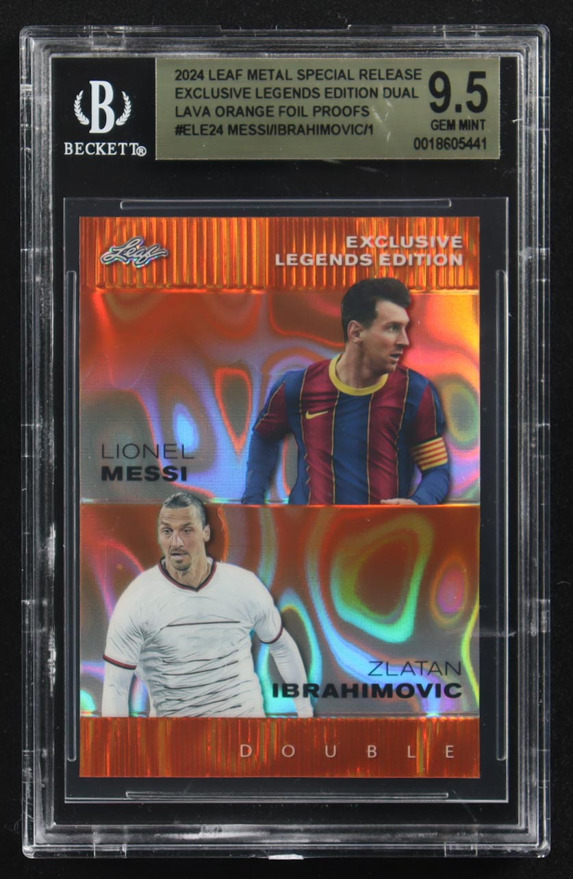 Lionel Messi / Zlatan Ibrahimovic 2024 Leaf Metal Special Release Exclusive Legends Ed. Dual Lava Orange Foil Proofs #ELE24 (BGS 9.5) at PristineAuction.com Lionel Messi / Zlatan Ibrahimovic 2024 Leaf Metal Special Release Exclusive Legends Ed. Dual Lava Orange Foil Proofs #ELE24 (BGS 9.5) at PristineAuction.com