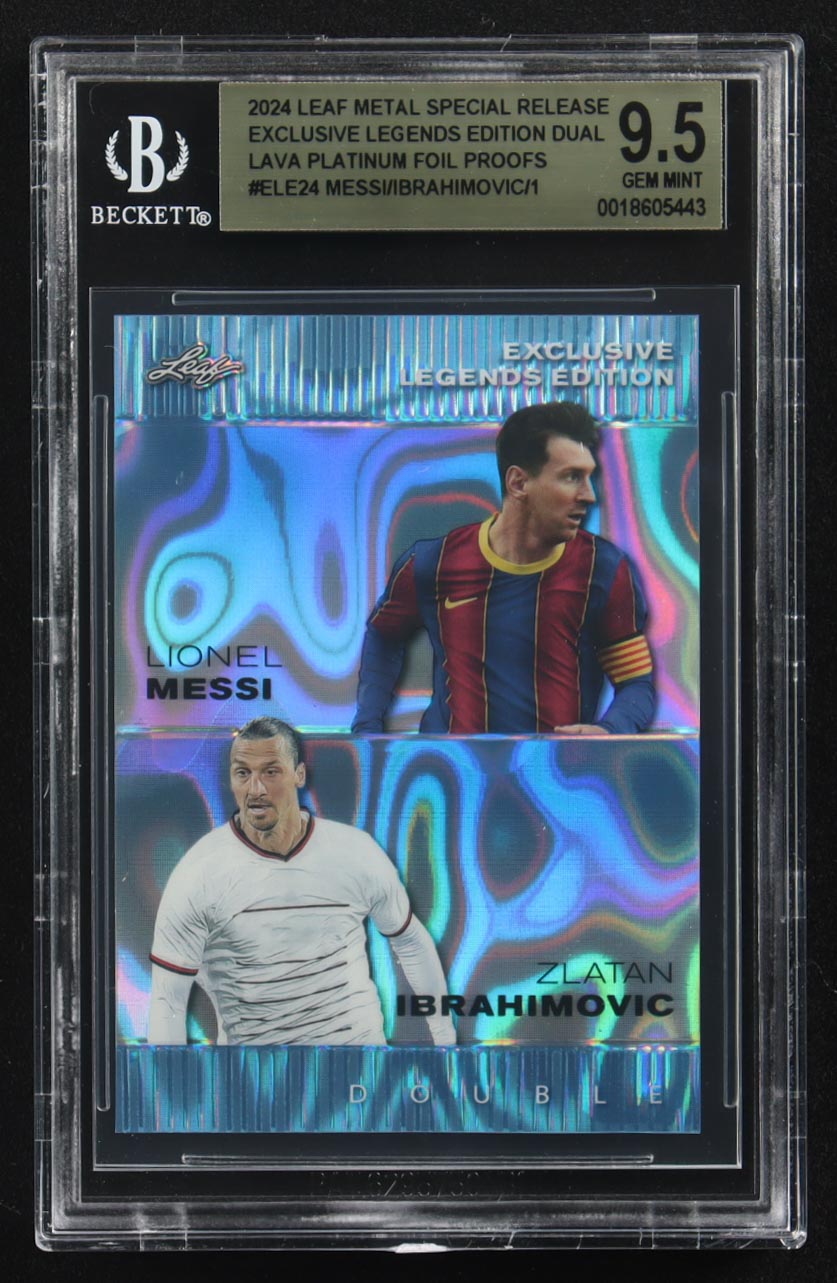 Lionel Messi / Zlatan Ibrahimovic 2024 Leaf Metal Special Release Exclusive Legends Ed. Dual Lava Platinum Foil Proofs #ELE24 (BGS 9.5) at PristineAuction.com Lionel Messi / Zlatan Ibrahimovic 2024 Leaf Metal Special Release Exclusive Legends Ed. Dual Lava Platinum Foil Proofs #ELE24 (BGS 9.5) at PristineAuction.com