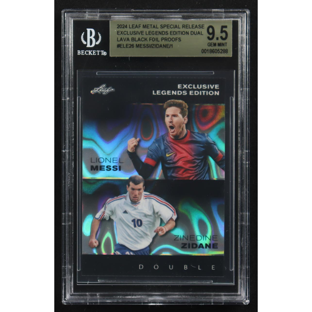 Lionel Messi / Zinedine Zidane 2024 Leaf Metal Special Release Exclusive Legends Ed. Dual Lava Black Foil Proofs #ELE26 (BGS 9.5) at PristineAuction.com
