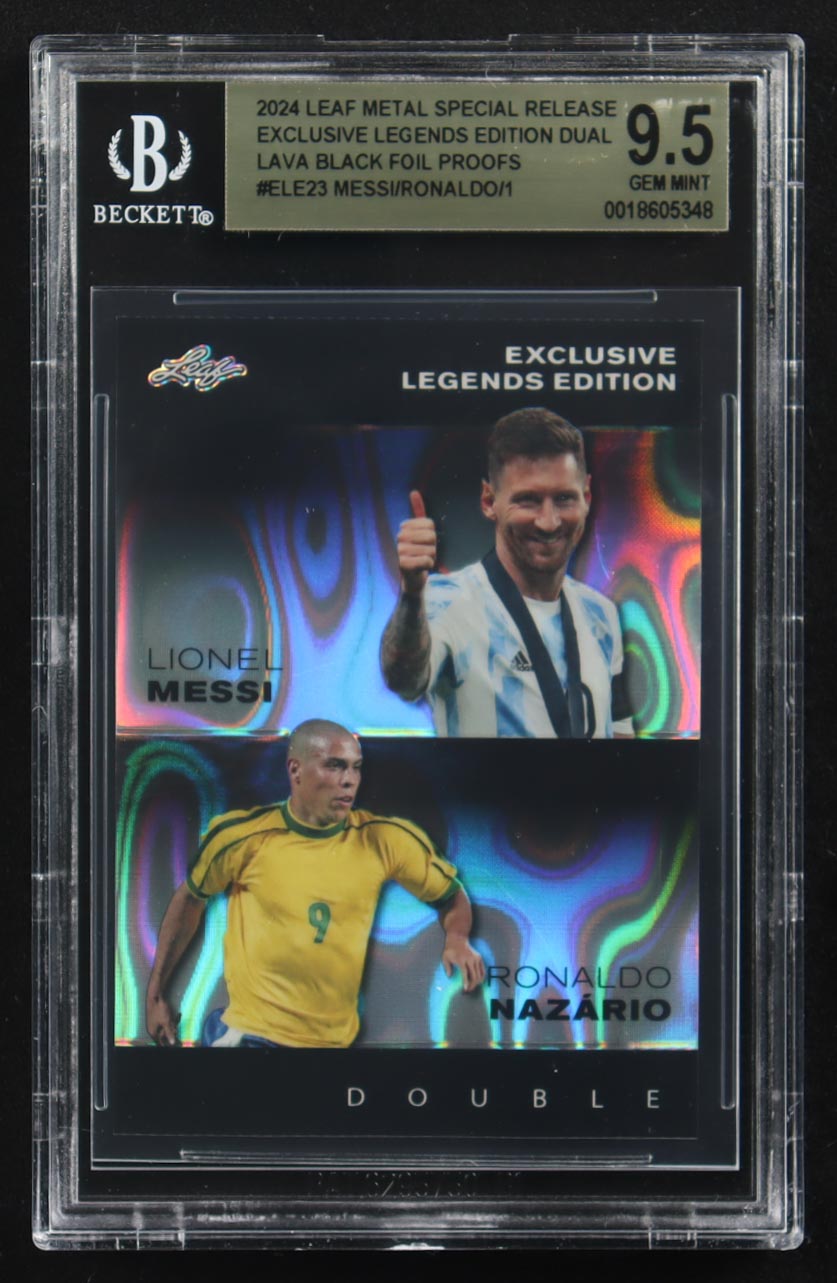 Lionel Messi / Ronaldo Nazario 2024 Leaf Metal Special Release Exclusive Legends Ed. Dual Lava Black Foil Proofs #ELE23 (BGS 9.5) at PristineAuction.com Lionel Messi / Ronaldo Nazario 2024 Leaf Metal Special Release Exclusive Legends Ed. Dual Lava Black Foil Proofs #ELE23 (BGS 9.5) at PristineAuction.com