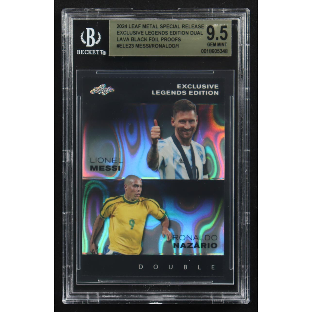 Lionel Messi / Ronaldo Nazario 2024 Leaf Metal Special Release Exclusive Legends Ed. Dual Lava Black Foil Proofs #ELE23 (BGS 9.5) at PristineAuction.com