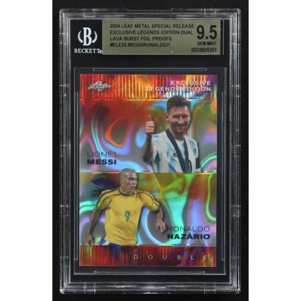 Lionel Messi / Ronaldo Nazario 2024 Leaf Metal Special Release Exclusive Legends Ed. Dual Lava Burst Foil Proofs #ELE23 (BGS 9.5) at PristineAuction.com