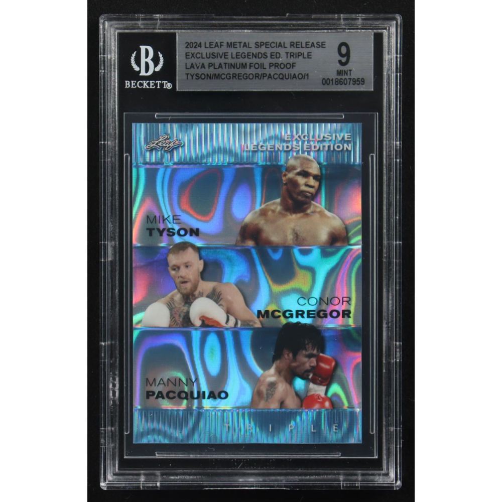 Mike Tyson / Floyd Mayweather Jr. / Manny Pacquiao 2024 Leaf Metal Special Release Exclusive Legends Ed. Triple Lava Platinum Foil Proofs (BGS 9) at PristineAuction.com