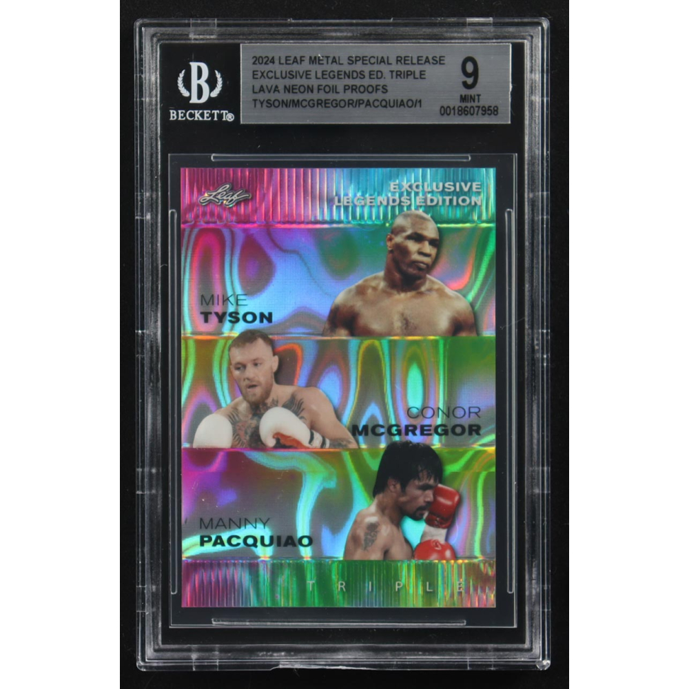 Mike Tyson / Floyd Mayweather Jr. / Manny Pacquiao 2024 Leaf Metal Special Release Exclusive Legends Ed. Triple Lava Neon Foil Proofs (BGS 9) at PristineAuction.com