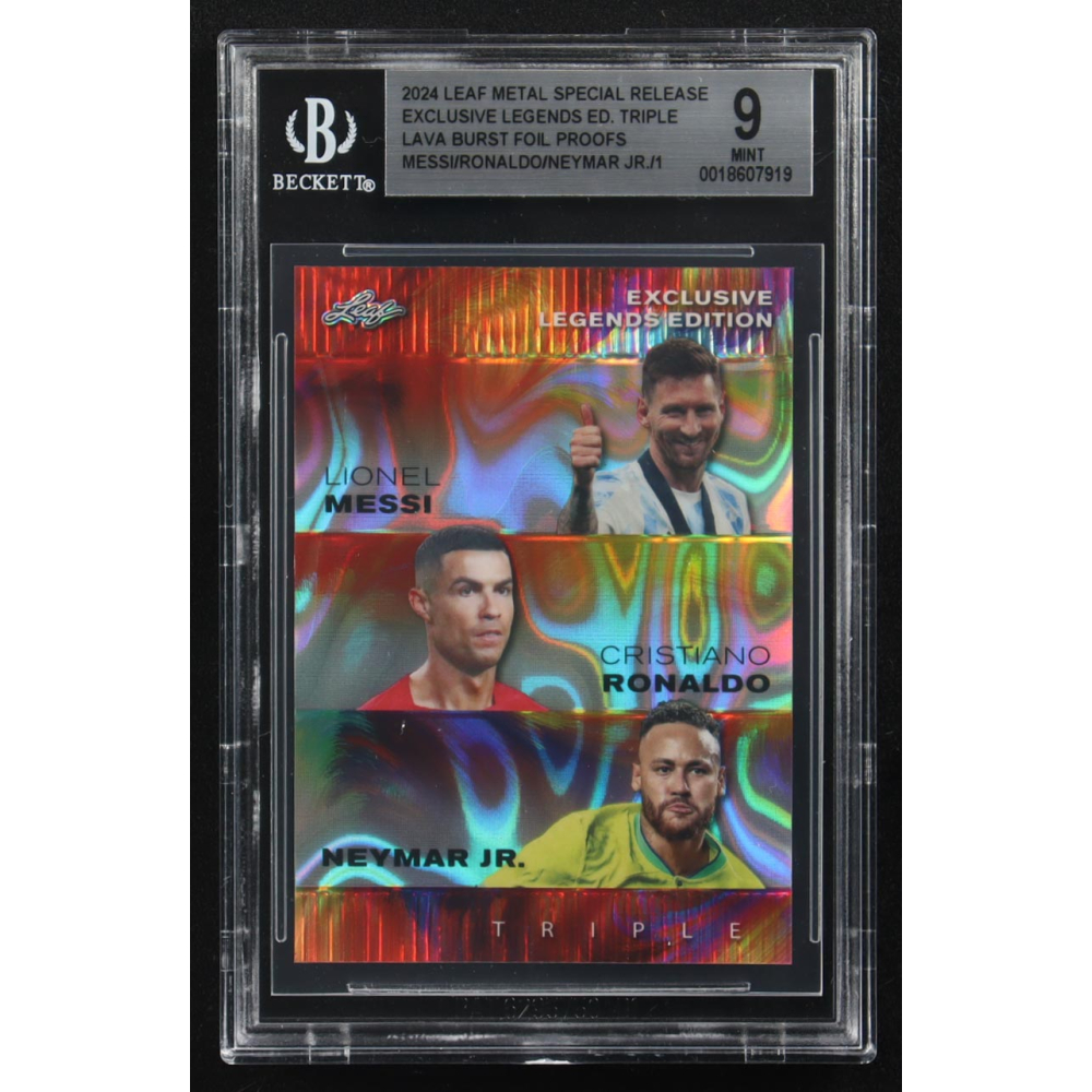 Lionel Messi / Cristiano Ronaldo / Neymar Jr 2024 Leaf Metal Special Release Exclusive Legends Ed. Triple Lava Burst Foil Proofs (BGS 9) at PristineAuction.com