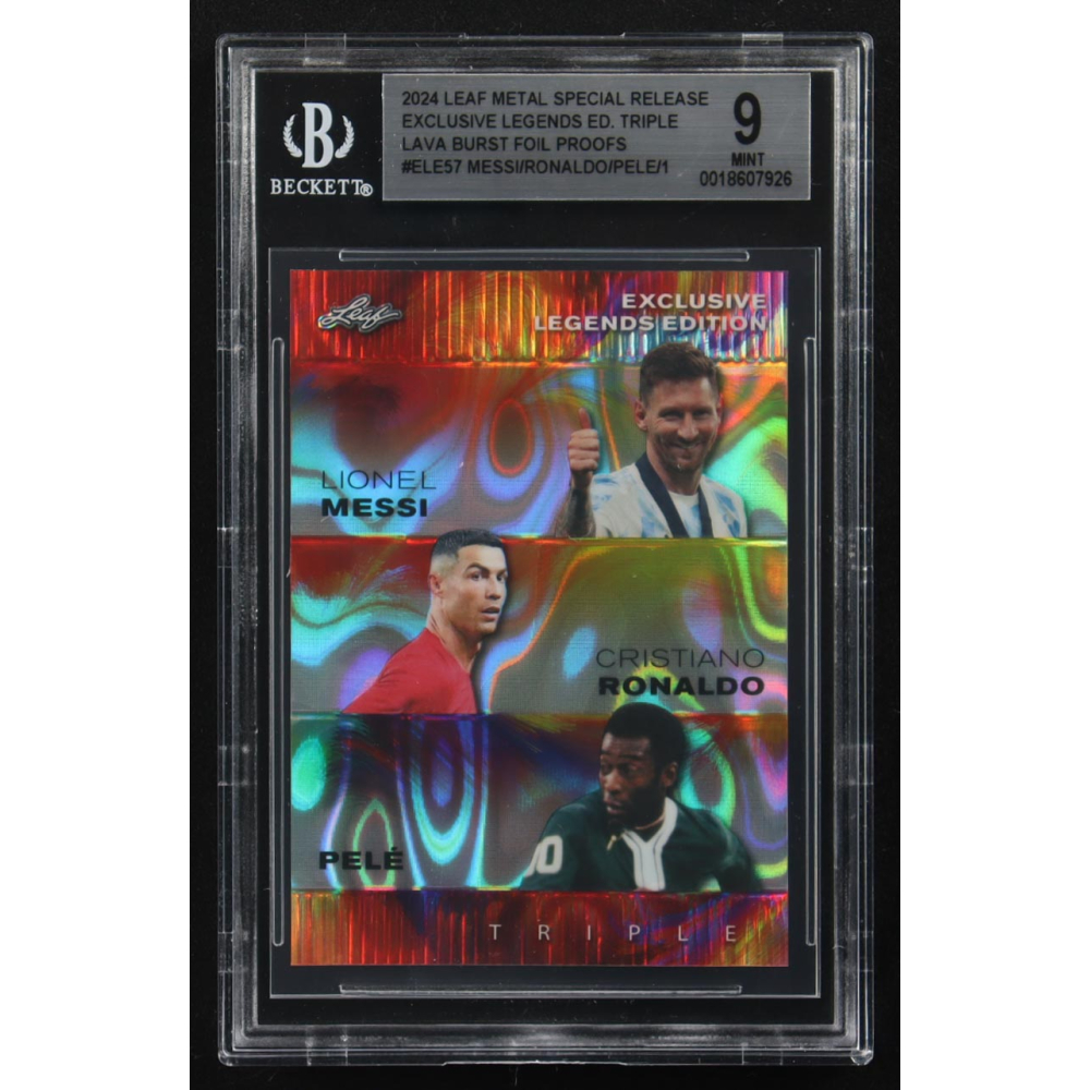 Lionel Messi / Pele / Cristiano Ronaldo 2024 Leaf Metal Special Release Exclusive Legends Ed. Triple Lava Burst Foil Proofs #ELE57 (BGS 9) at PristineAuction.com