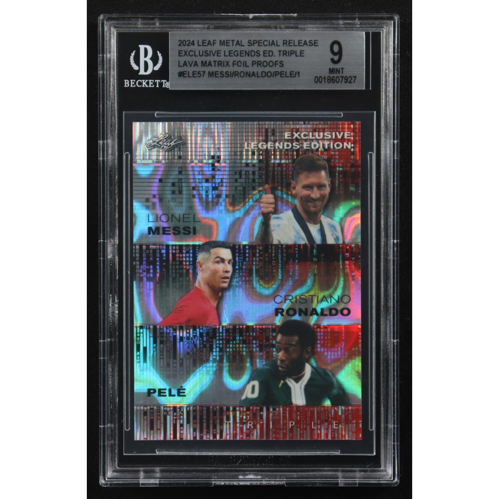 Lionel Messi / Pele / Cristiano Ronaldo 2024 Leaf Metal Special Release Exclusive Legends Ed. Triple Lava Matrix Foil Proofs #ELE57 (BGS 9) at PristineAuction.com