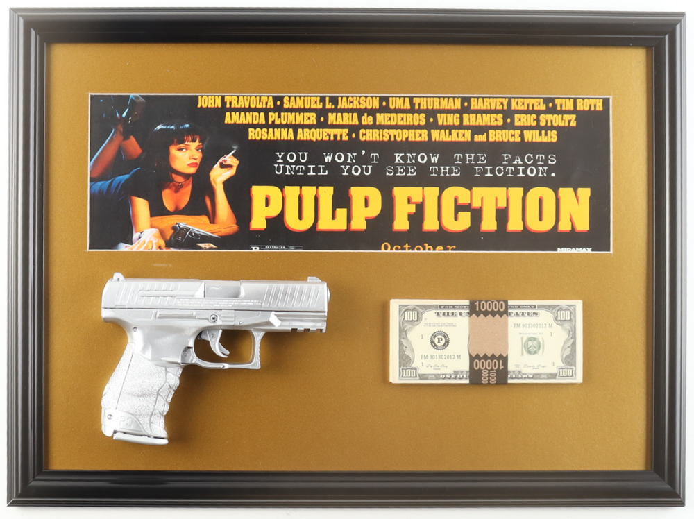 "Pulp Fiction" Custom Framed Photo Display with Prop Pistol & Prop Money Stack at PristineAuction.com "Pulp Fiction" Custom Framed Photo Display with Prop Pistol & Prop Money Stack at PristineAuction.com