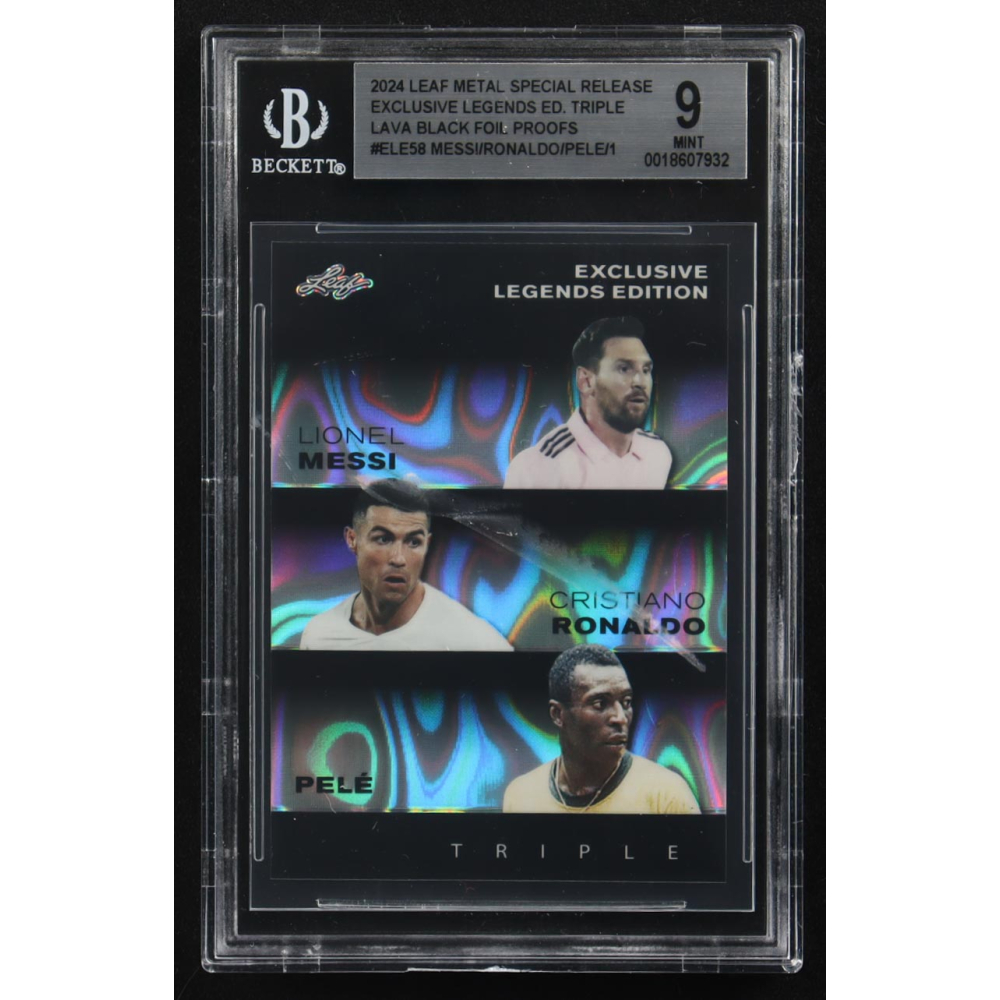 Lionel Messi / Pele / Cristiano Ronaldo 2024 Leaf Metal Special Release Exclusive Legends Ed. Triple Lava Black Foil Proofs #ELE58 (BGS 9) at PristineAuction.com