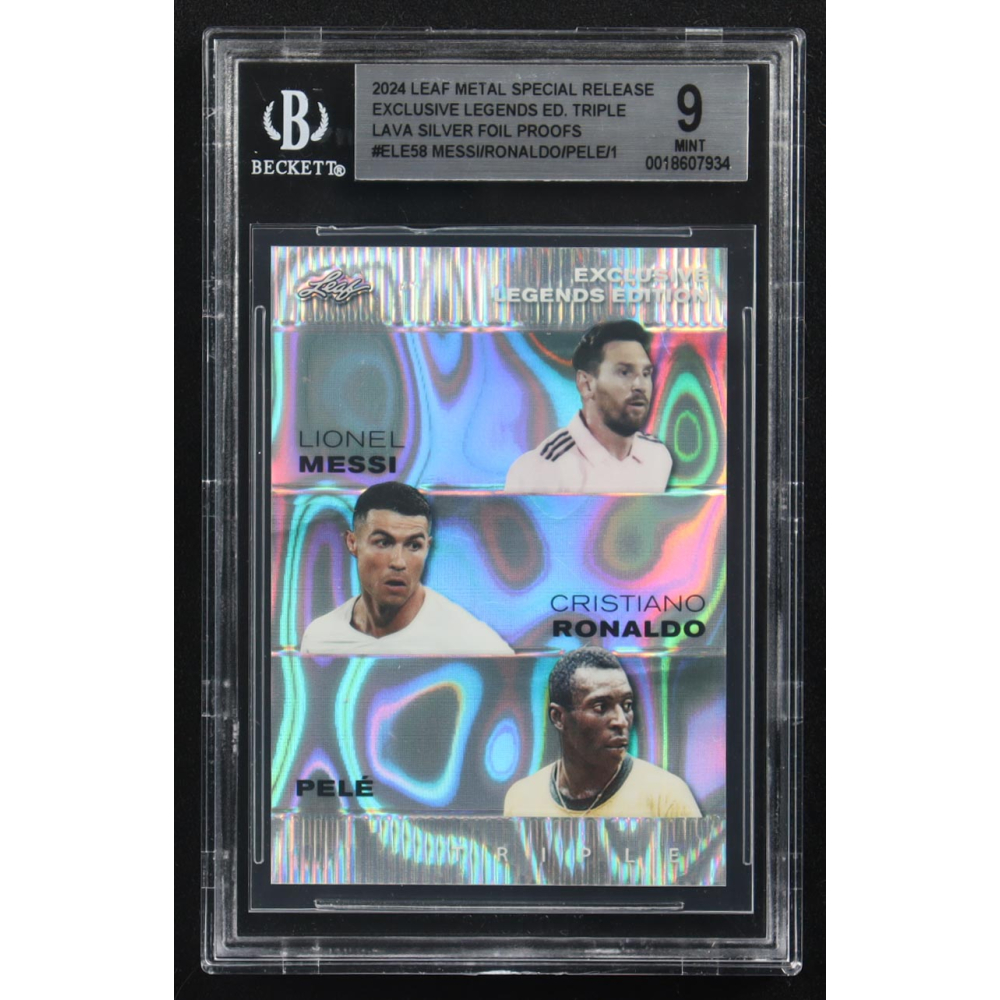 Lionel Messi / Pele / Cristiano Ronaldo 2024 Leaf Metal Special Release Exclusive Legends Ed. Triple Lava Silver Foil Proofs #ELE58 (BGS 9) at PristineAuction.com