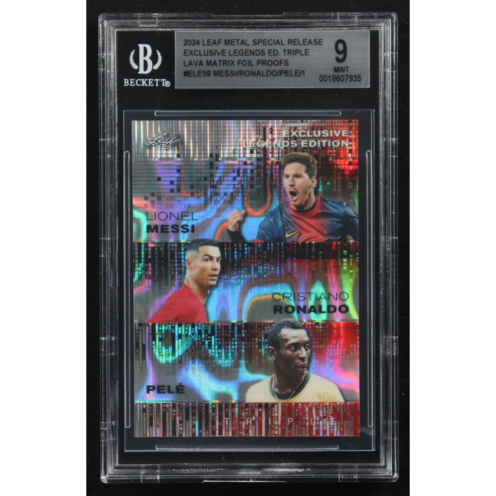 Lionel Messi / Pele / Cristiano Ronaldo 2024 Leaf Metal Special Release Exclusive Legends Ed. Triple Lava Matrix Foil Proofs #ELE59 (BGS 9) at PristineAuction.com